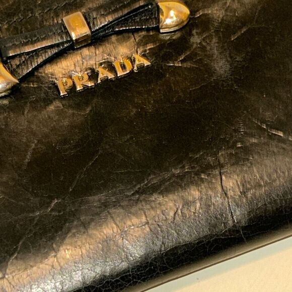 Prada Vitello Shine Zip Around Long Wallet Black Bow Front Elevated Basic Preppy - Picture 7 of 12